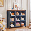 9 Cube Bookcase, Farmhouse 47 in Wide Navy Blue Bookshelf, Wooden 3 Tier Display Large Open Book Shelf, Vintage Horizontal Book Case for Home Office, Cubby Storage Cabinet for Living Room