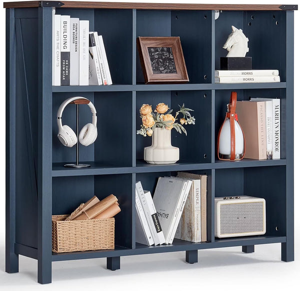 9 Cube Bookcase, Farmhouse 47 in Wide Navy Blue Bookshelf, Wooden 3 Tier Display Large Open Book Shelf, Vintage Horizontal Book Case for Home Office, Cubby Storage Cabinet for Living Room