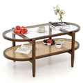 2-Tier Oval Boho Coffee Table with Tempered Glass Top, Rattan Shelf & Acacia Wood Frame, Mid Century Modern Center Table for Living Room Office
