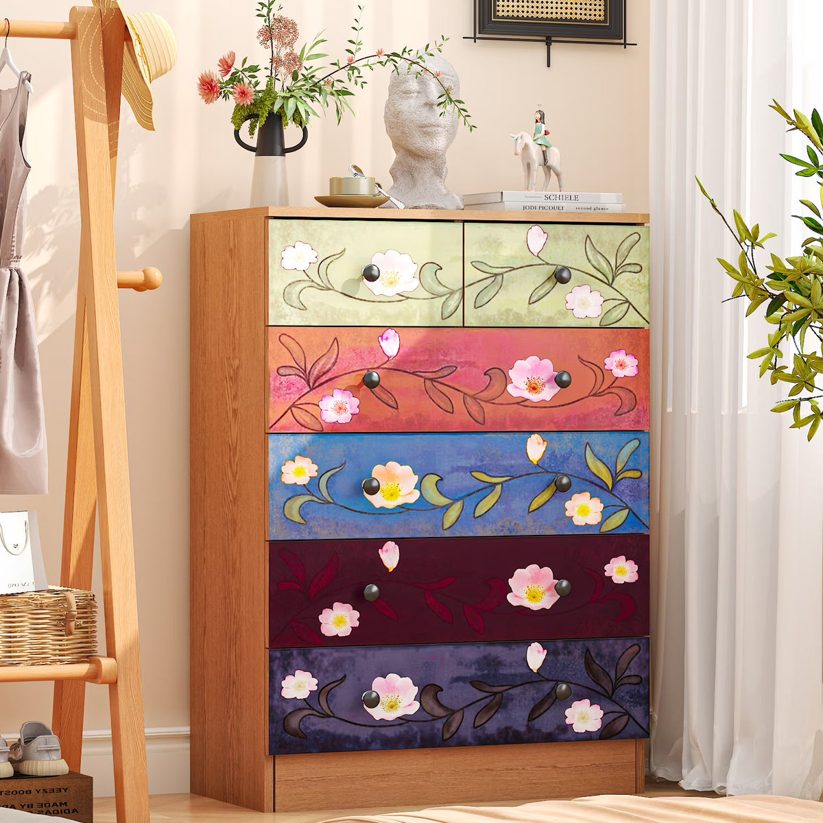 Ktaxon Wood 6 - Drawer Dresser Organizer for Bedroom Storage Tower for Entryway Hallway Closet, Tall Chest Organizer Unit with Wood Bins, Floral Painted Wooden