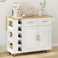 Movable Kitchen Island Cart with 2 Door Cabinet, 2 Drawers and Drop Leaf Top, Island Table with Spice Rack, Towel Holder, Wine Rack and Wheels, Kitchen Storage Cabinet, White