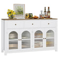 Homfa 55'' Large Sideboard Buffet Cabinet, Kitchen Storage Cabinet with 3 Drawers and 4 Glass Doors, Wood Coffee Bar Cabinet for Living Room, White