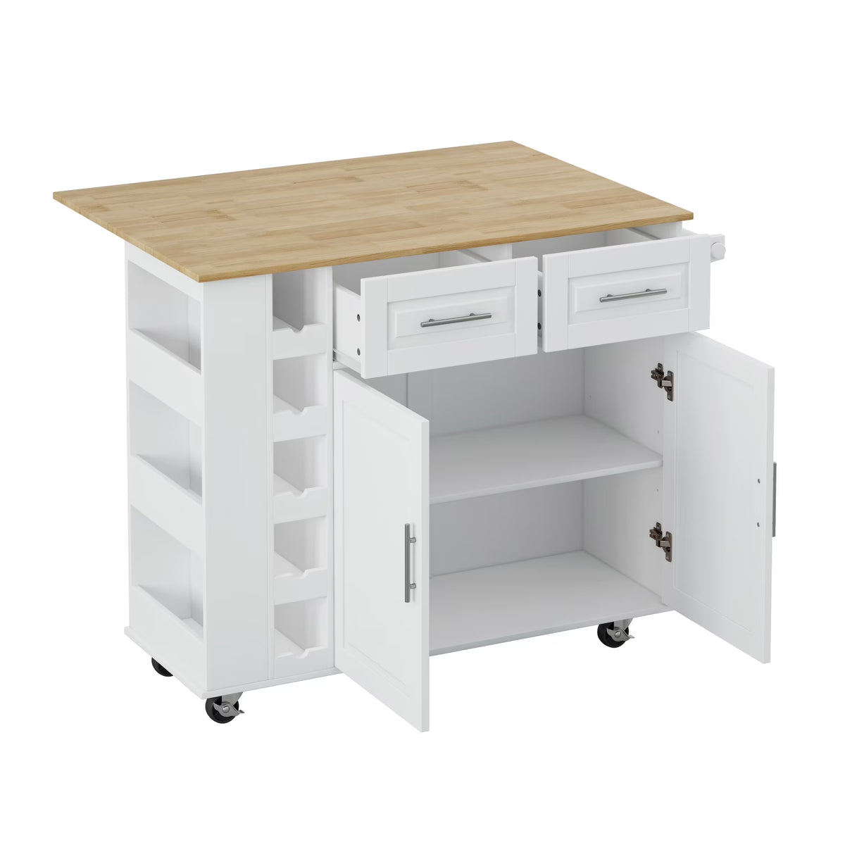 Movable Kitchen Island Cart with 2 Door Cabinet, 2 Drawers and Drop Leaf Top, Island Table with Spice Rack, Towel Holder, Wine Rack and Wheels, Kitchen Storage Cabinet, White